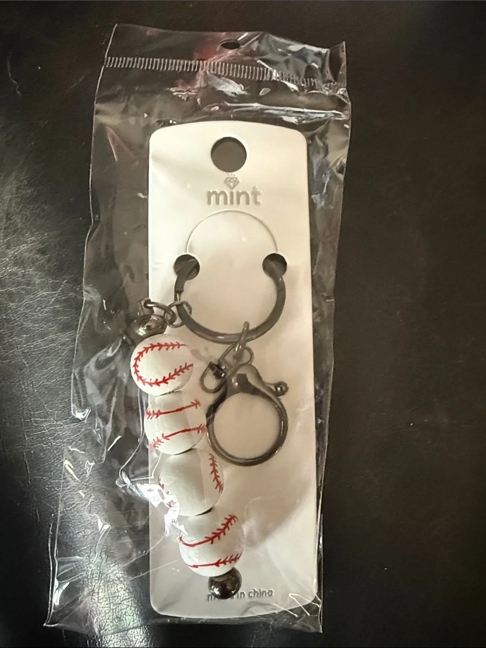 New Mint White Baseball Charm Key & Card Holder Charm with Red Stitching